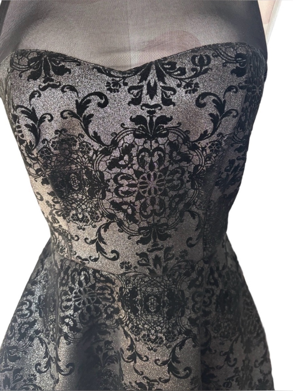 Fit & Flare Brocade Party Dress - whimsygoth- Black Silver Metallic Damask - L - Picture 10 of 10